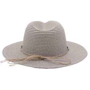 Detail shot of the woven gray Panama straw hat featuring a slim decorative cord