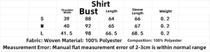 Size chart for ruffle trim shirt showing shoulder, bust, and sleeve length measurements