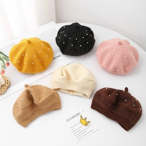 Elegant knit beret for girls with pearl embellishments in multiple classic colors