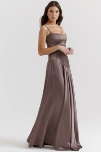 Detail of mocha satin maxi dress with corset-style boning and slim spaghetti straps
