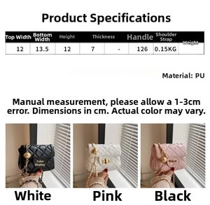Size chart for quilted mini bag showing dimensions 13.5x12x7cm and color options