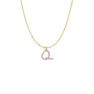 Close-up of golden necklace with pink enamel heart-shaped letter Q pendant