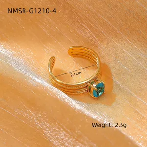 18k gold plated stainless steel open ring with blue zircon and triple layer band