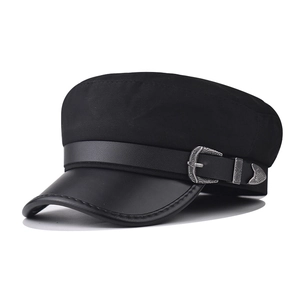 Cadet Cap Military Flat Top Hat Retro PU Leather Brim Engraved Metal Buckle British Fashion Outdoor Accessory