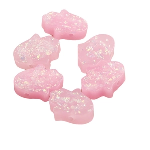 Pink Opal Hamsa Hand beads with glitter for DIY jewelry making, set of 6 palm beads