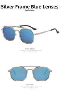 Steampunk octagonal silver metal sunglasses with blue lenses and double bridge design