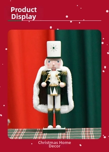 Close-up of a 30cm wooden nutcracker king wearing a white snowflake hat and fur cape