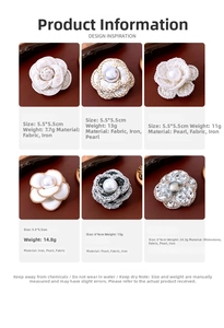 Detail showing various handmade fabric camellia brooches with pearls and rhinestones