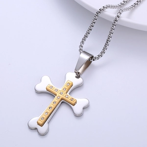 Two-tone stainless steel bone-shaped cross pendant necklace with sparkling crystals