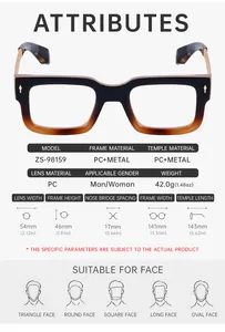 Detailed size chart and technical specifications for square PC and metal frame glasses