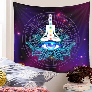 Detail of a spiritual seven chakra wall tapestry with meditation silhouette and lotus design