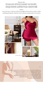 Detail of wine red satin sleepwear set featuring silk-like camisole and matching shorts