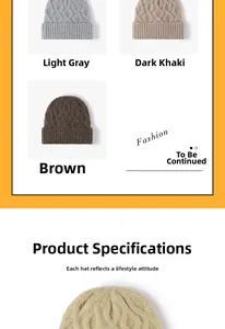 Close-up of thick knitted beanie hats showing cable patterns in grey, khaki, and brown