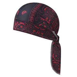 Detail of red paisley pattern on black elastic durag with professional stitching