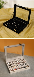 Close-up of 24-grid velvet jewelry box and ring storage with clear glass lid and metal clasp