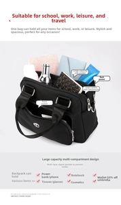 Macro detail of black nylon crossbody bag showing multiple organized storage compartments