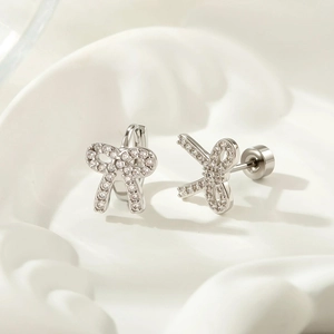 Bowknot Ear Cartilage Stud Hoop Piercing Jewelry Titanium Steel Copper Zircon Inlaid Elegant Chic For Women Girls