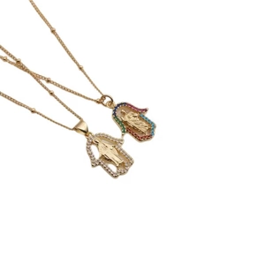 Gold Plated Copper Hamsa Hand Pendant Necklace Religious Virgin Mary Inlaid Zirconia Bead Chain Jewelry For Women