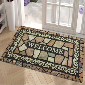 Welcome stone pattern entrance mat with classical border on wooden floor