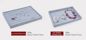 Side-by-side view of velvet jewelry trays for rings and necklaces, 35x24x3cm dimensions