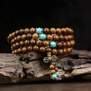 Chapelet de 108 perles en bois de santal avec turquoise et pendentif vajra zen