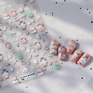 Embossed Nail Stickers Winter Girl Snowman Snowflakes Self Adhesive Cartoon Cute DIY Nail Art Decals For Women