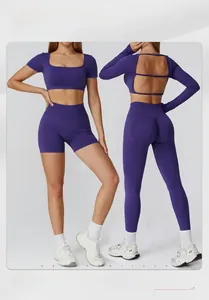 Detail of purple seamless yoga set showing hollow back design and high waist fit