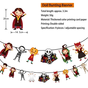 Detail of 3.3m Halloween banner with 9 cartoon character flags and specific dimensions