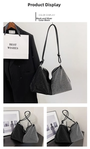 Detail views of silver rhinestone hobo bag with black leather knot shoulder strap