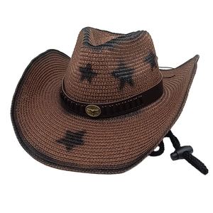 Western Cowboy Straw Hat With Star Print And Bull Head Buckle Retro Wide Brim Beach Sun Protection Hat Adjustable Rope