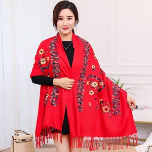 Floral embroidery red cashmere pashmina shawl with tassels for winter warmth