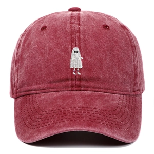 Adjustable burgundy washed cotton baseball cap featuring a ghost embroidery motif