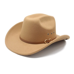 Classic camel wool western cowboy hat with brown leather band and metallic buckle