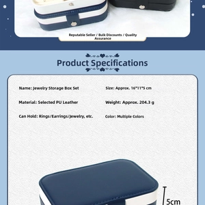 Detailed product parameters of navy blue PU leather jewelry box with size and weight specs