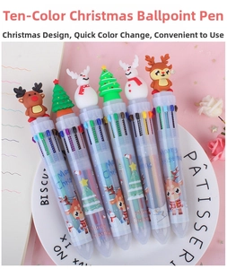 Detail view of 10-color Christmas ballpoint pens with cartoon silicone toppers and patterns