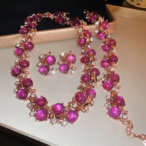 Floral Cluster Necklace Bracelet And Earrings With Silver Earring Post Rose Gold Tone Vintage Jewelry Purple Resin Stone