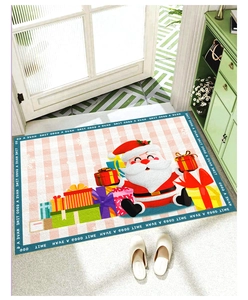 Detailed view of the Christmas Santa Clause doormat with pink checkered pattern design