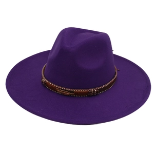 Detail of purple wool fedora with woven band, metal feather charm and colorful beads