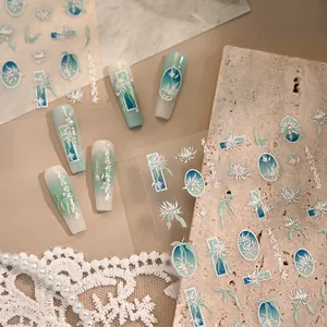 Exquisite teal Epiphyllum nail art stickers with 3D embossed floral patterns and elegant pearls
