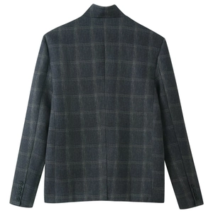 Back view of a slim fit navy blue plaid blazer with a refined windowpane pattern