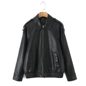 Women's black PU leather zip-up jacket with lapel collar and elastic waist hem detail
