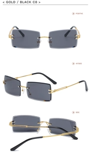 Detailed views of gold rimless rectangular sunglasses with black lenses and C-shaped temples