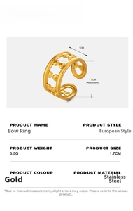 Detail view of golden stainless steel bow ring with 1.7cm adjustable band size specifications