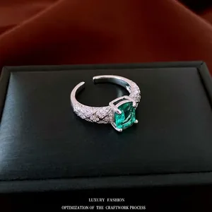 Anello In Zircone Verde Taglio Smeraldo Rame Placcato Argento Regolabile Aperto Gioielli Donna Motivo A Rombi