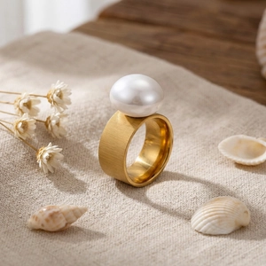 Detailed view of wide gold stainless steel ring with large white pearl and brushed texture