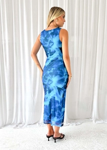 Detail view of semi-sheer blue abstract print mesh fabric on slim-fit sleeveless dress
