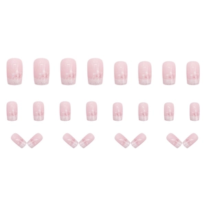 French style light pink press-on nails with floral patterns and silver glitter gradient
