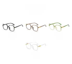 Detail view of square oversized frames in black, coffee, green, and transparent colors