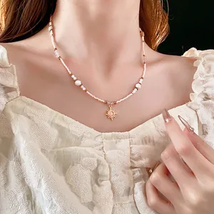 18K gold plated sunflower pendant beaded necklace with pink stones for women