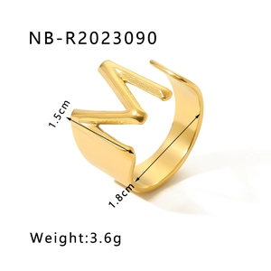 Detail view of 18K gold plated letter M ring with dimensions and weight measurements